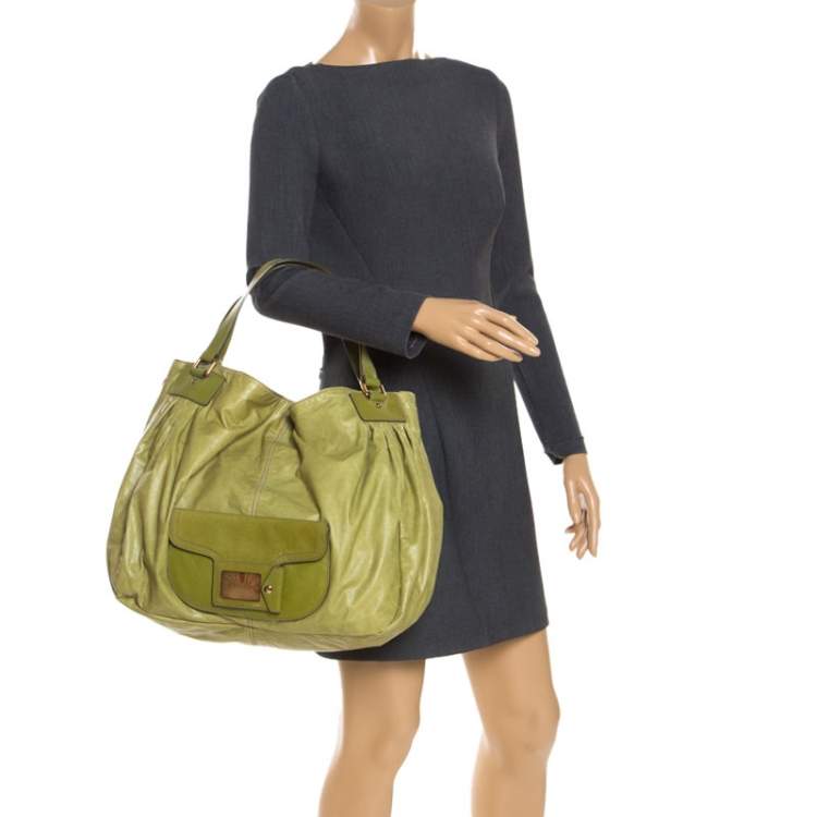 Pre Owned Escada Lime Green Leather Front Pocket Hobo