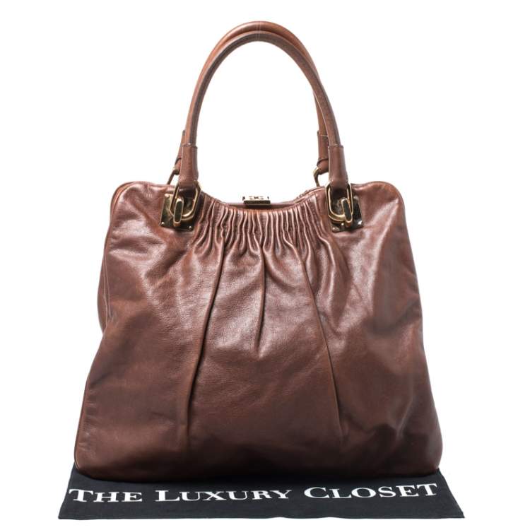 Pre Owned Escada Brown Pleated Leather Frame Tote