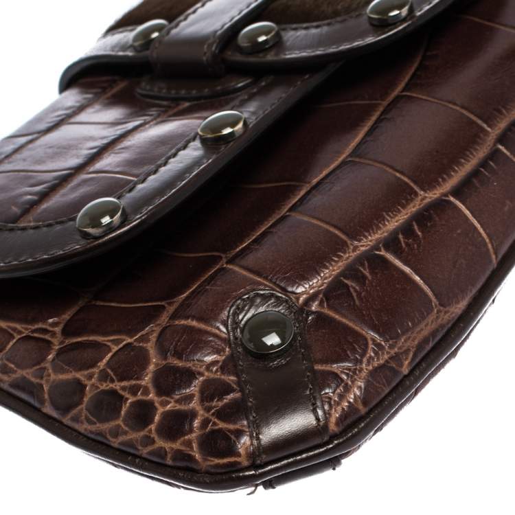 Pre Owned Escada Brown Croc Embossed Leather and Calfhair Clutch