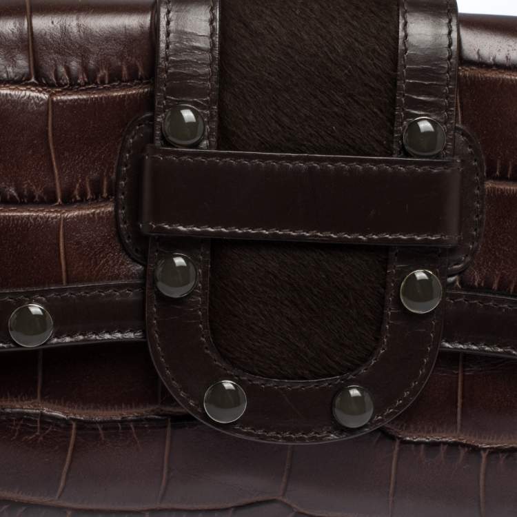 Pre Owned Escada Brown Croc Embossed Leather and Calfhair Clutch