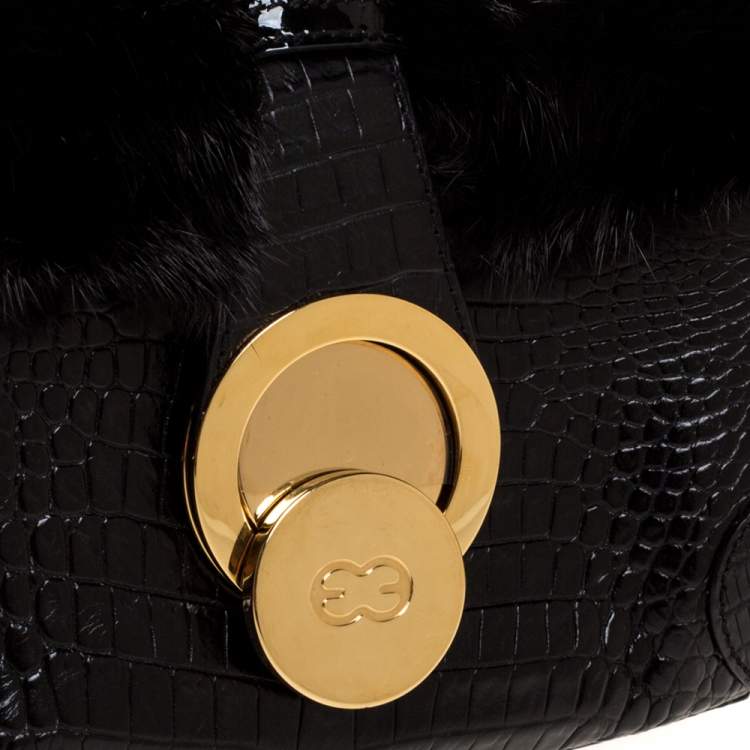 Pre Owned Escada Black Croc Embossed Leather and Mink Fur Ring Flap Shoulder Bag