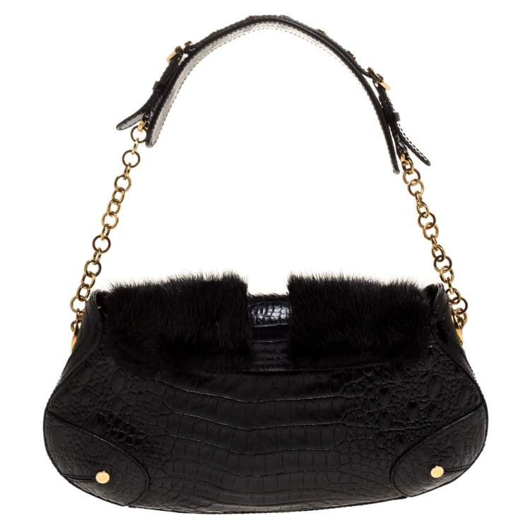 Pre Owned Escada Black Croc Embossed Leather and Mink Fur Ring Flap Shoulder Bag