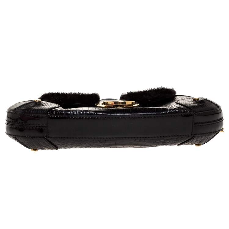 Pre Owned Escada Black Croc Embossed Leather and Mink Fur Ring Flap Shoulder Bag