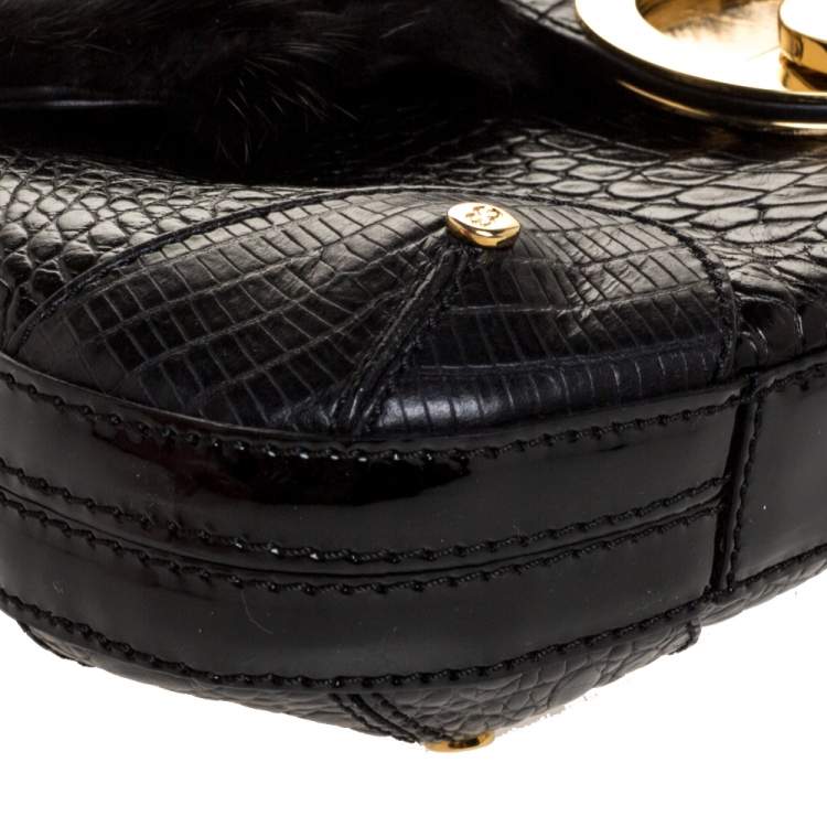 Pre Owned Escada Black Croc Embossed Leather and Mink Fur Ring Flap Shoulder Bag