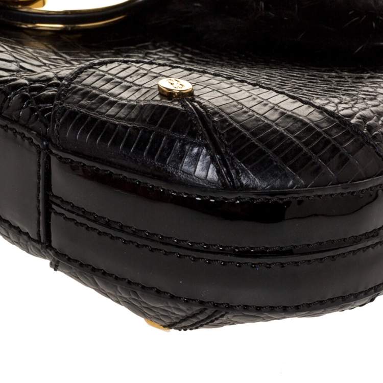 Pre Owned Escada Black Croc Embossed Leather and Mink Fur Ring Flap Shoulder Bag