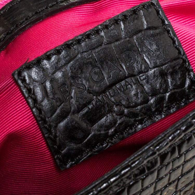 Pre Owned Escada Black Croc Embossed Leather and Mink Fur Ring Flap Shoulder Bag