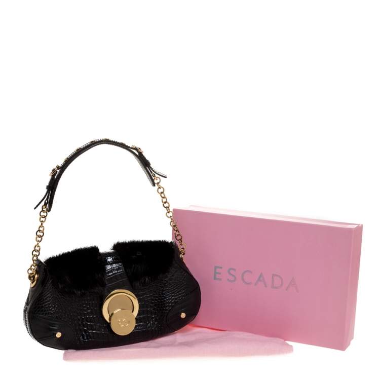 Pre Owned Escada Black Croc Embossed Leather and Mink Fur Ring Flap Shoulder Bag