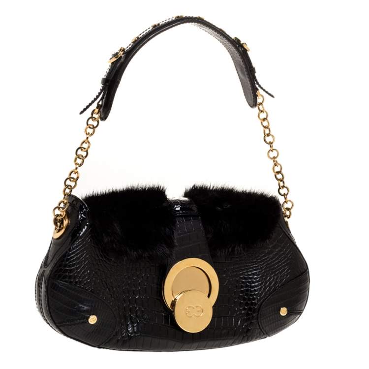 Pre Owned Escada Black Croc Embossed Leather and Mink Fur Ring Flap Shoulder Bag