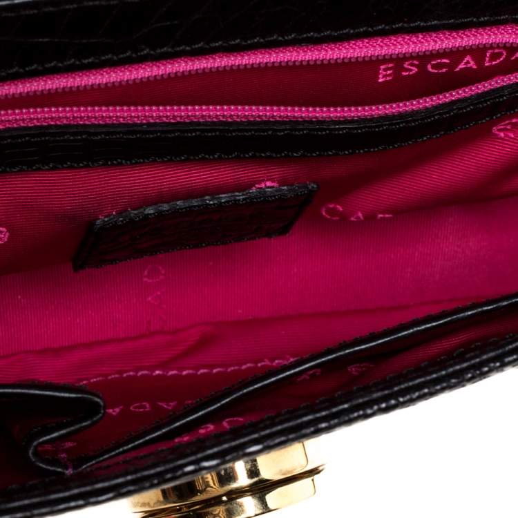 Pre Owned Escada Black Croc Embossed Leather and Mink Fur Ring Flap Shoulder Bag