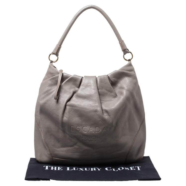 Pre Owned Escada Grey Leather Logo Embossed Hobo