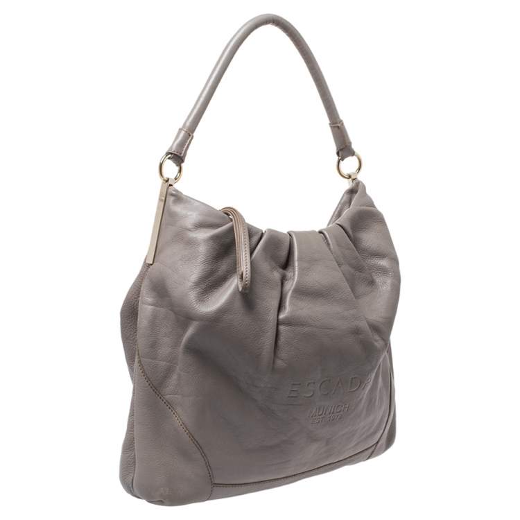 Pre Owned Escada Grey Leather Logo Embossed Hobo