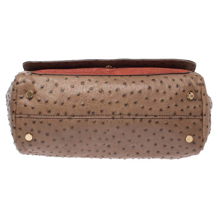 Pre Owned Escada Beige/Antique Rose Ostrich and Crocodile Embossed Leather Flap Top Handle Bag