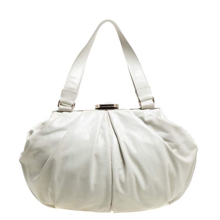 Pre Owned Escada White Crackled Patent Leather Frame Hobo
