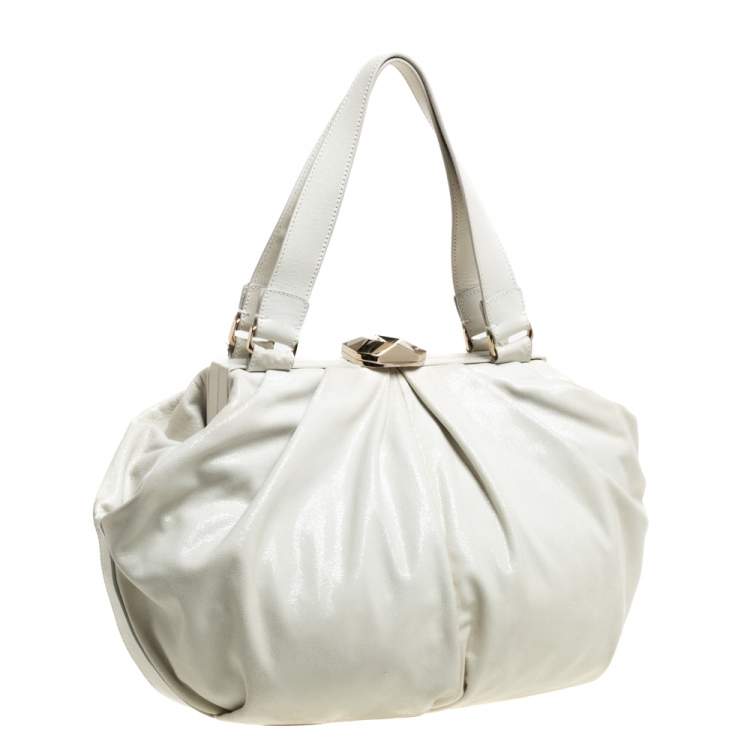Pre Owned Escada White Crackled Patent Leather Frame Hobo