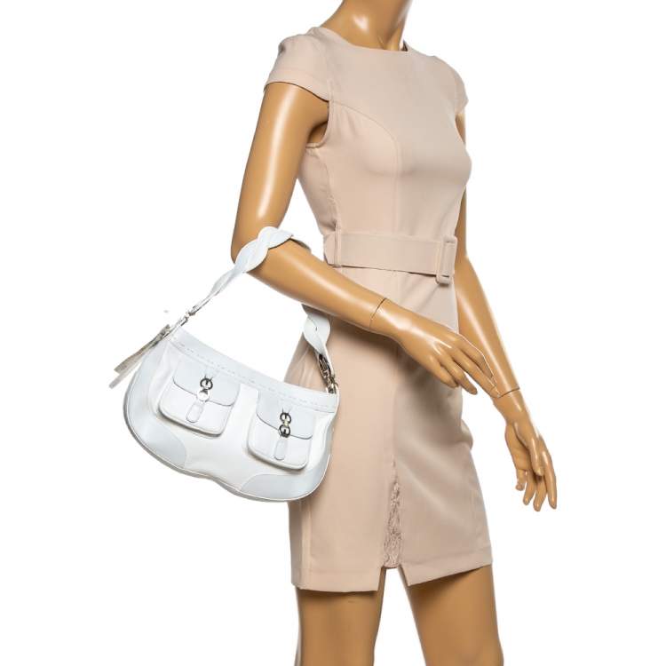 Pre Owned Escada White Leather Double Pocket Braided Handle Hobo