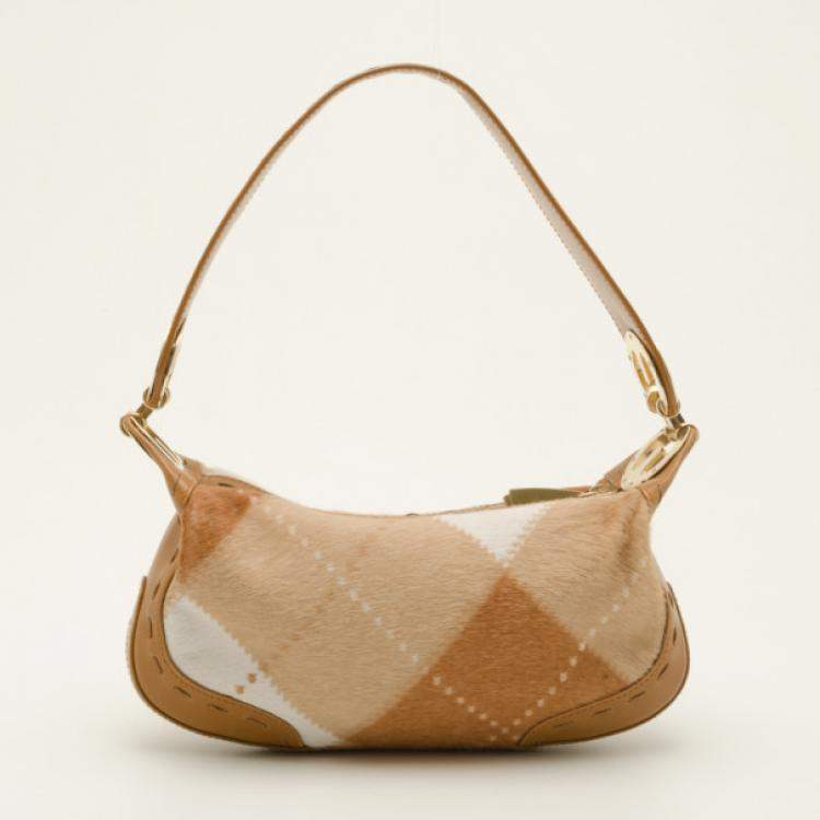 Pre Owned Escada Tan and White Calf Hair Argyle Shoulder Bag 