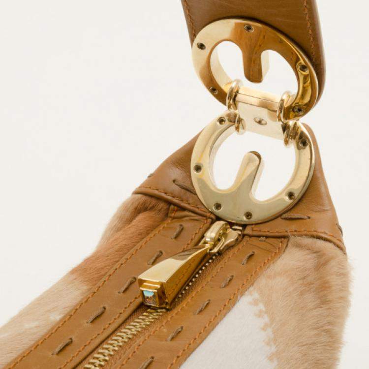 Pre Owned Escada Tan and White Calf Hair Argyle Shoulder Bag 