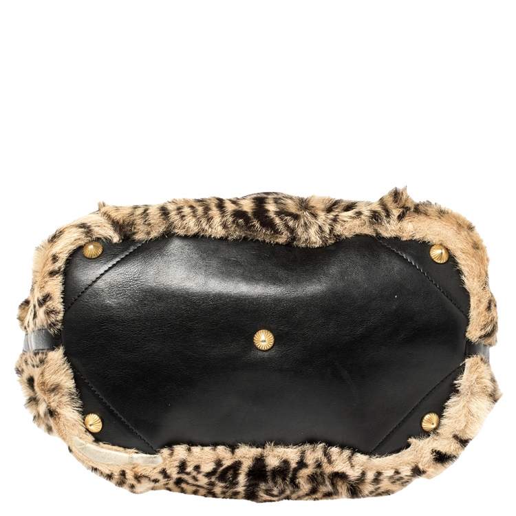 Pre Owned Escada Black/Beige Tiger Print Faux Fur and Leather Turnlock Flap Tote