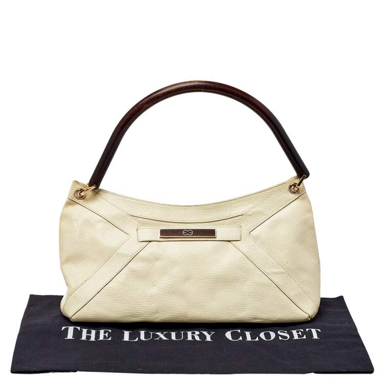 Pre Owned Escada Cream Lizard Embossed Leather Baguette Shoulder Bag