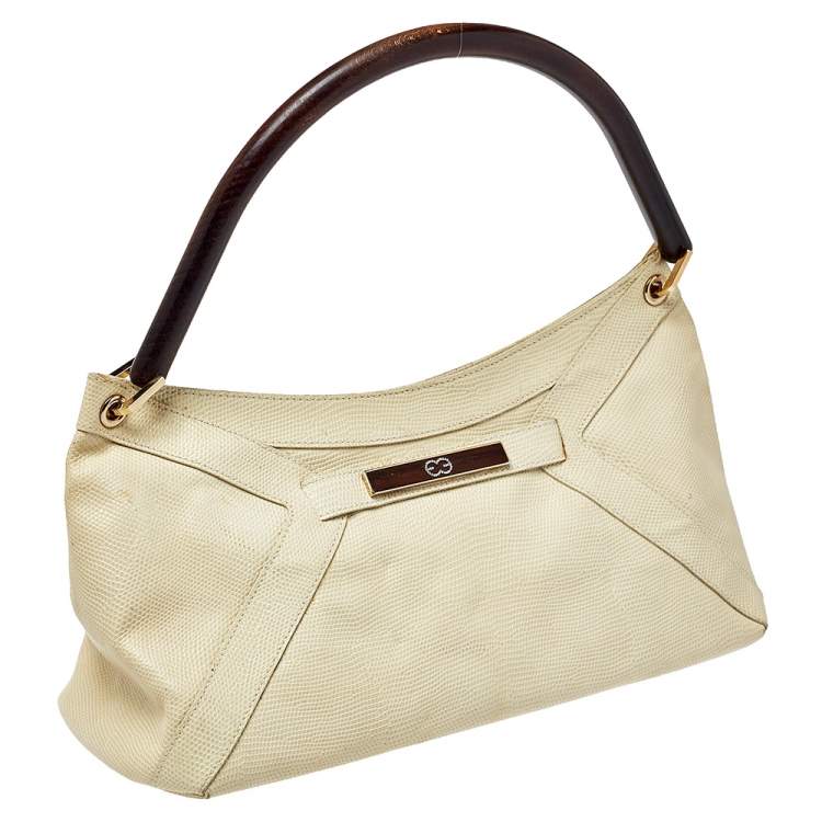 Pre Owned Escada Cream Lizard Embossed Leather Baguette Shoulder Bag