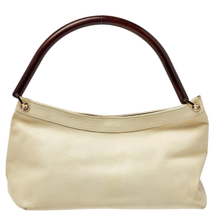 Pre Owned Escada Cream Lizard Embossed Leather Baguette Shoulder Bag