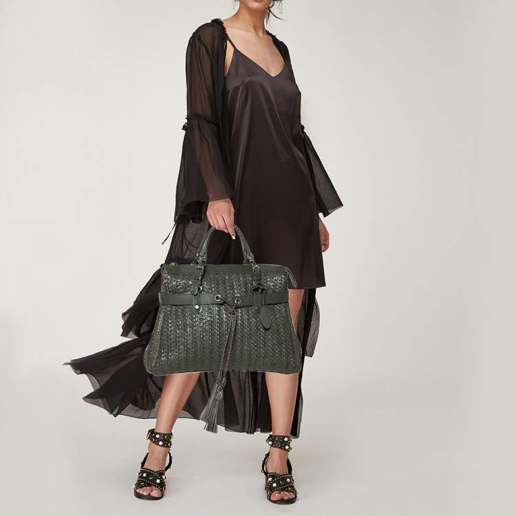 Pre Owned Escada Green Woven Leather Tassel Tote