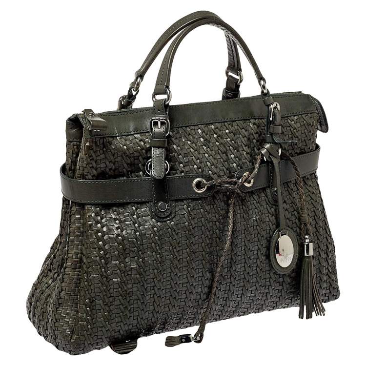 Pre Owned Escada Green Woven Leather Tassel Tote