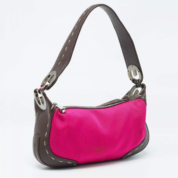 Pre Owned Escada Magenta/Dark Brown Leather and Canvas Small Eluna Bag