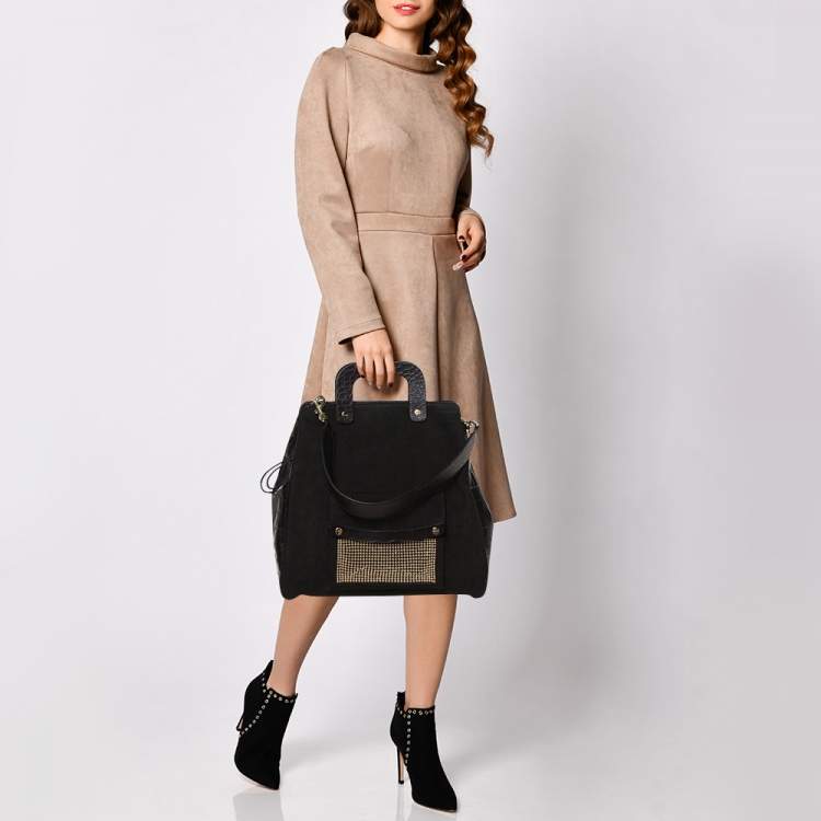 Pre Owned Escada Black Croc Embossed Leather and Suede Convertible Tote 
