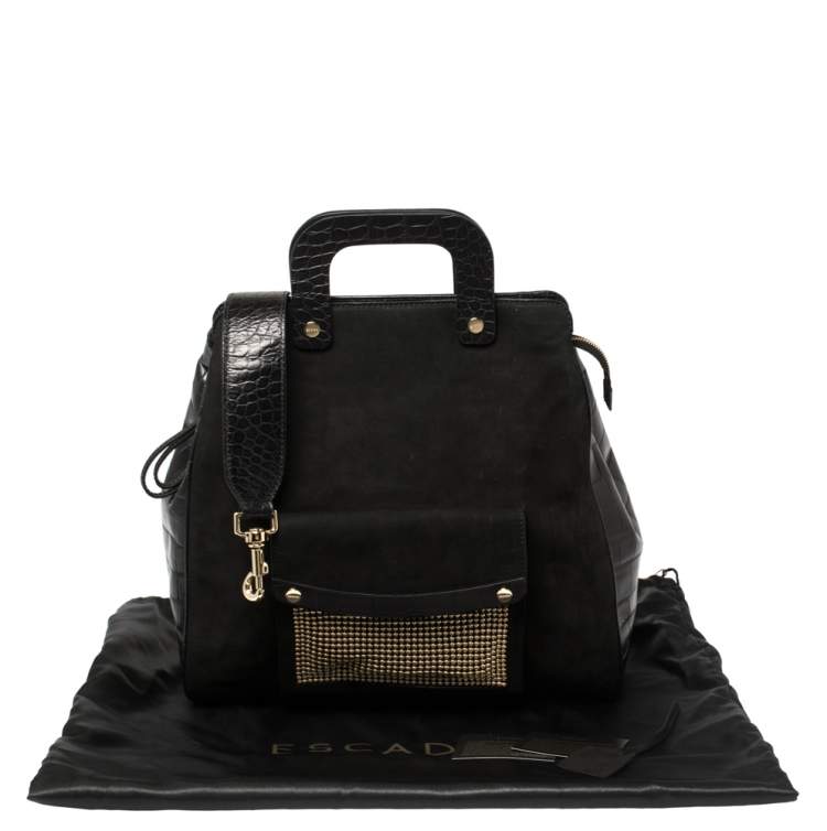 Pre Owned Escada Black Croc Embossed Leather and Suede Convertible Tote 