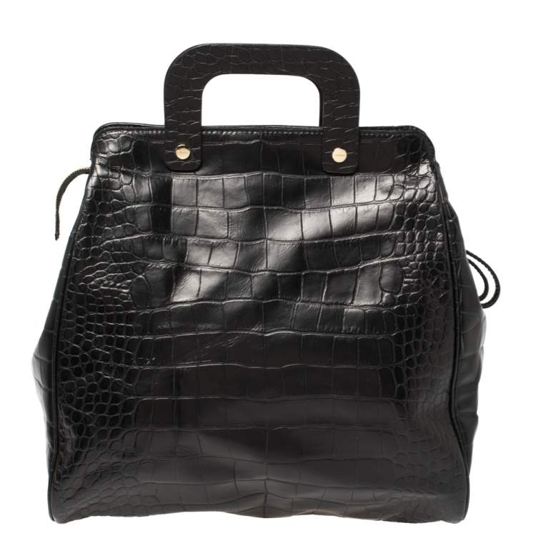 Pre Owned Escada Black Croc Embossed Leather and Suede Convertible Tote 