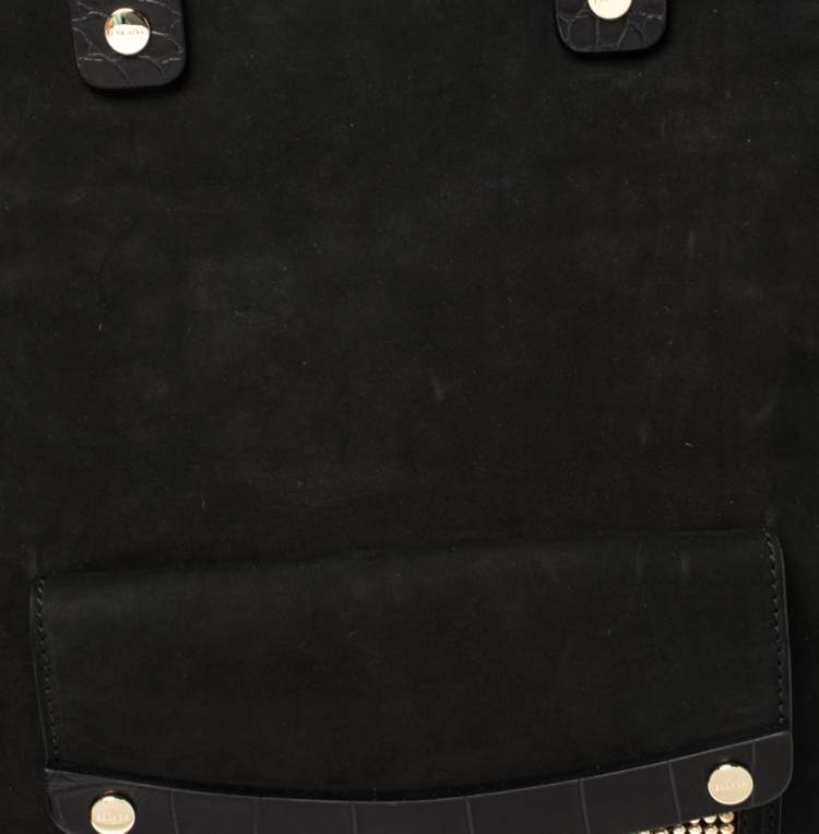 Pre Owned Escada Black Croc Embossed Leather and Suede Convertible Tote 