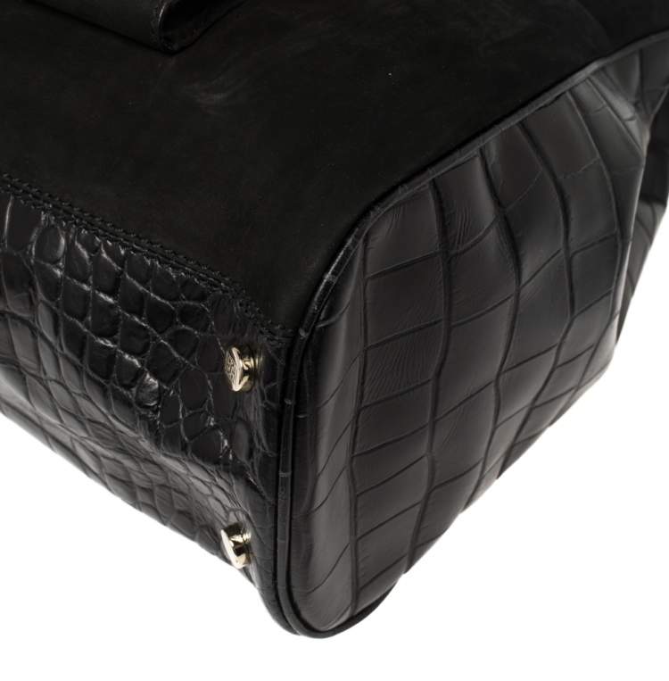 Pre Owned Escada Black Croc Embossed Leather and Suede Convertible Tote 