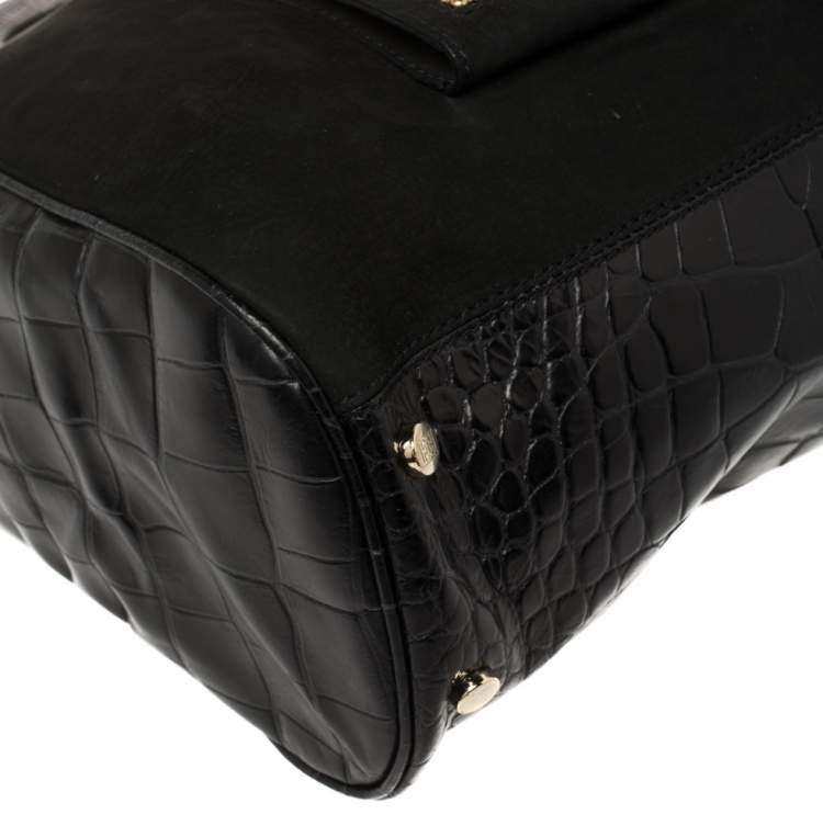 Pre Owned Escada Black Croc Embossed Leather and Suede Convertible Tote 