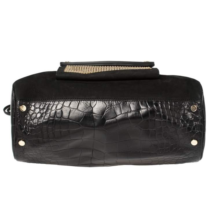 Pre Owned Escada Black Croc Embossed Leather and Suede Convertible Tote 