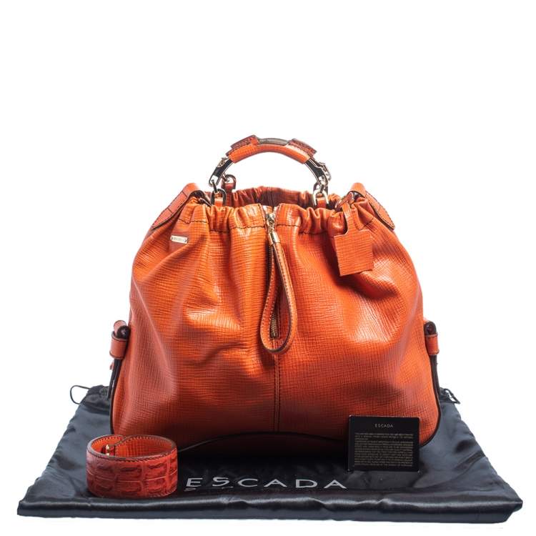 Pre Owned Escada Burnt Orange Textured Leather Zip Detail Shoulder Bag