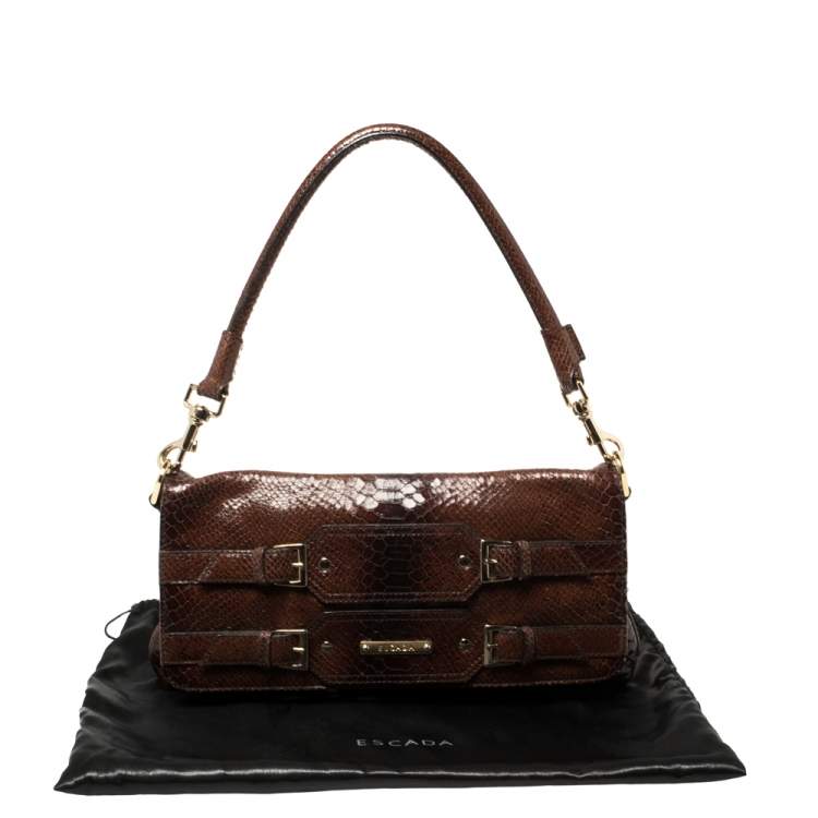 Pre Owned Escada Ombre Brown Python Embossed Leather Buckle Flap Shoulder Bag