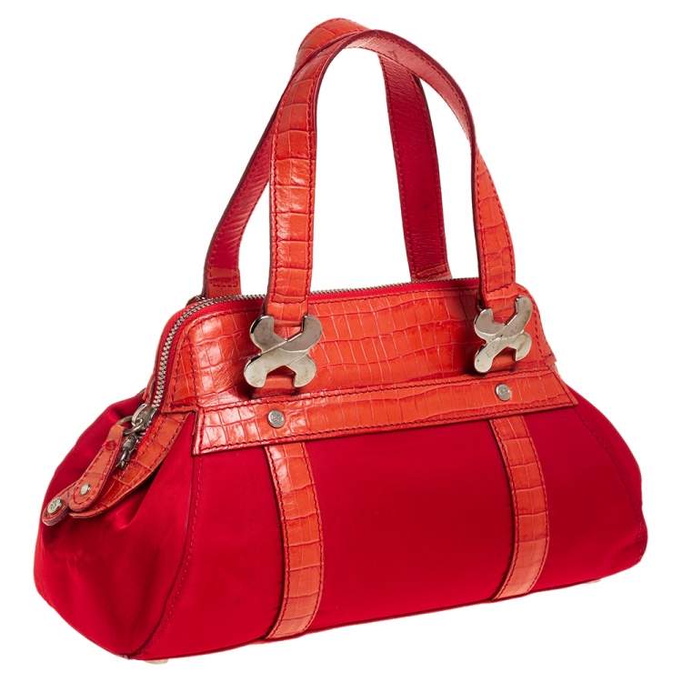 Pre Owned Escada Orange Fabric and Croc Embossed Leather Satchel