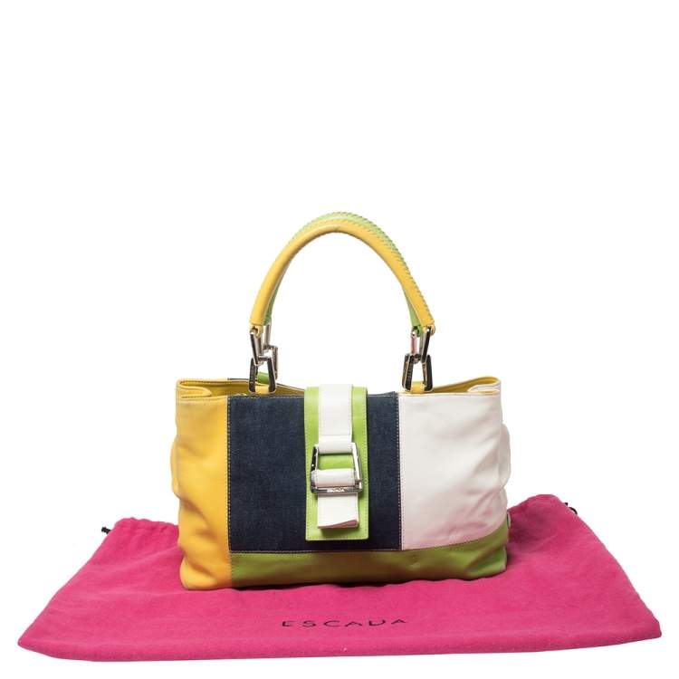 Pre Owned Escada Multicolor Denim and Leather Patchwork Flap Tote  