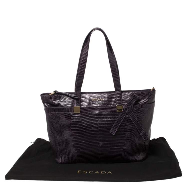 Pre Owned Escada Purple Lizard Embossed Leather Bow Tote