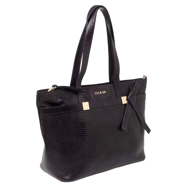 Pre Owned Escada Purple Lizard Embossed Leather Bow Tote