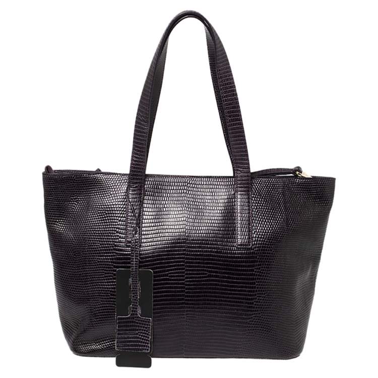 Pre Owned Escada Purple Lizard Embossed Leather Bow Tote