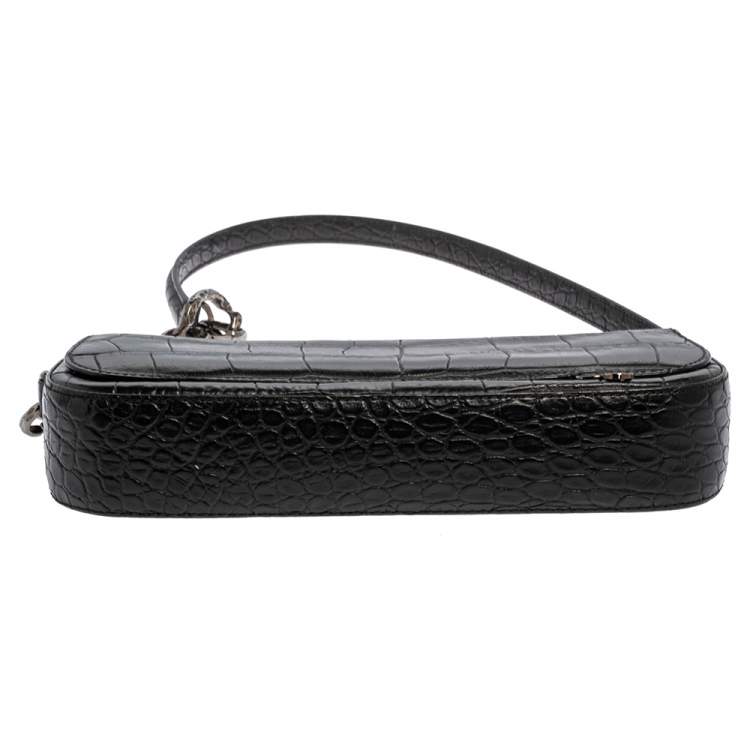 Pre Owned Escada Black Croc Embossed Leather Baguette 
