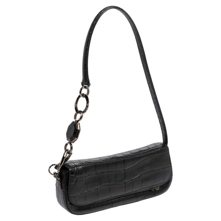 Pre Owned Escada Black Croc Embossed Leather Baguette 