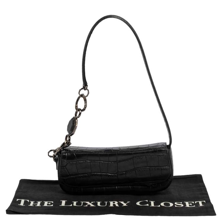 Pre Owned Escada Black Croc Embossed Leather Baguette 