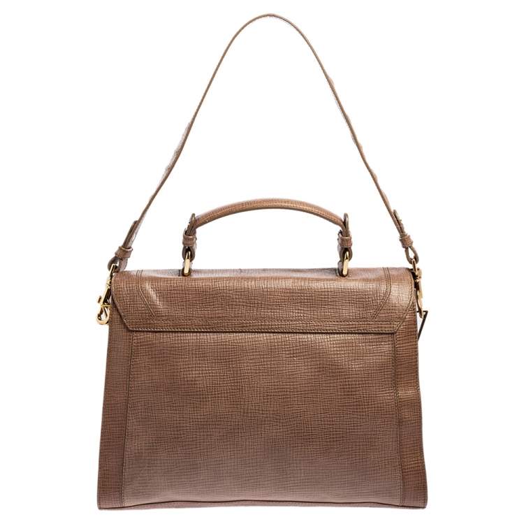 Pre Owned Escada Dark Beige Textured Leather Flap Top Handle Bag