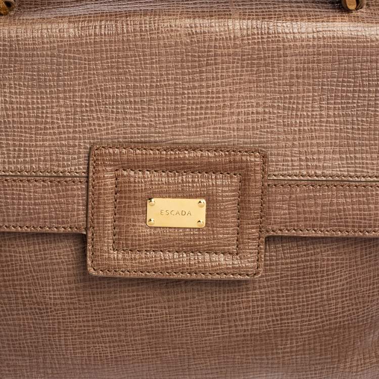 Pre Owned Escada Dark Beige Textured Leather Flap Top Handle Bag