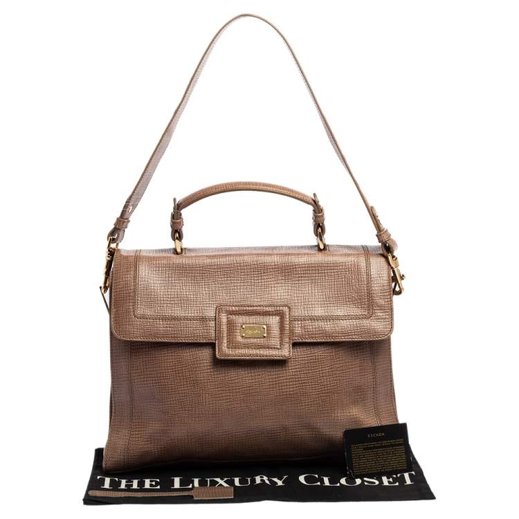 Pre Owned Escada Dark Beige Textured Leather Flap Top Handle Bag