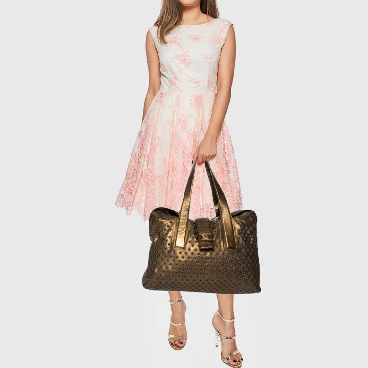 Pre Owned Escada Metallic Bronze Leather Rivet Detail Tote