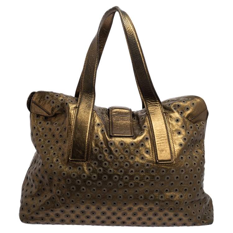 Pre Owned Escada Metallic Bronze Leather Rivet Detail Tote